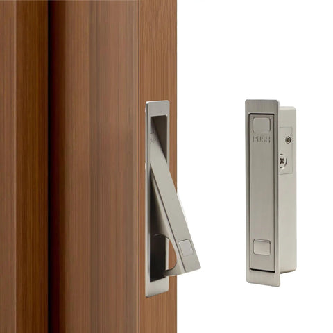 Pocket Door Handle Kit With Flush Recessed Pull In Brushed Nickel, Auto Retract Design, Easy Press Release, One-Hand Operation, Durable Solid Construction, No-Fuss Finger Edge Access, 2 Pack on wood door