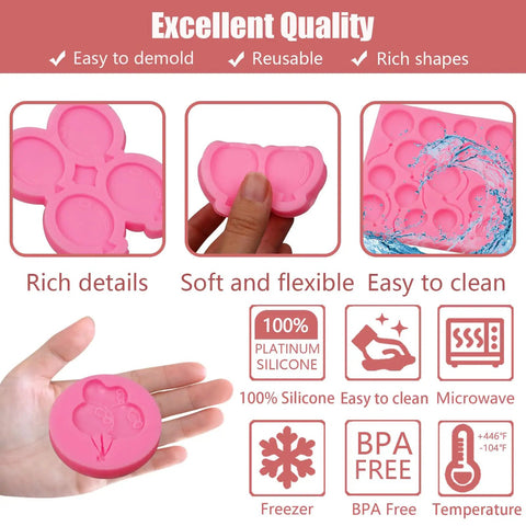 Balloon Silicone Molds Set Of 5 for Cake Decorating and Candy Making, featuring pink silicone molds with detailed designs.