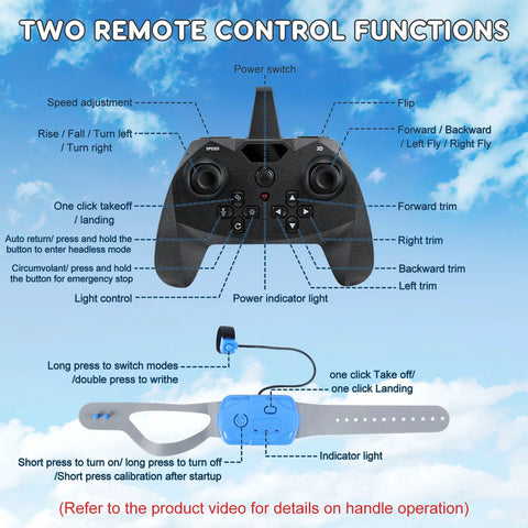 Dual Mode RC Airplane Toy With Watch Remote 2025 control diagram showing watch and handheld remote functions