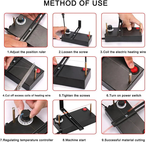 Heat Cutting Ribbon Cutter With Screwdriver Thermal Cutting Machine DIY usage steps illustration, including power and temperature control.