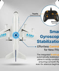Diagram of Ready To Fly 2.4GHz RC Airplane Toy With Gyro A380 Style Foam Jet showing gyroscope stabilization and remote control details.