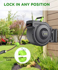 Heavy Duty Retractable Garden Hose Reel With Auto Slow Rewind mounted on wall with hose extended, showing locking mechanism.