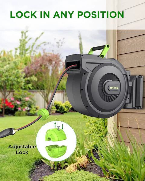 Heavy Duty Retractable Garden Hose Reel With Auto Slow Rewind mounted on wall with hose extended, showing locking mechanism.