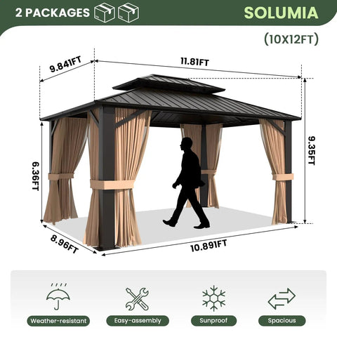 10x12 Hardtop Gazebo With Galvanized Steel Double Roof And Aluminum Frame, Outdoor Pavilion With Netting And Curtains