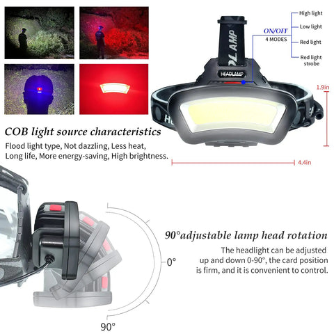 Kickass Rechargeable LED Headlamp Featuring Rock Solid COB Floodlight Plus Adjustable Red Light Mode Delivering A Genuine 2000 Lumens Of Bright Hands Free Illumination For Weekend Camping And Tough Backyard Projects