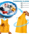 This Slick Mini Turbine Washing Machine Is Your New Usb Powered Portable Laundry Companion Built For Rv Trips And Delicate Loads Made From Rugged Plastic To Handle Everyday Grime And Get Things Done Fast Without Breaking A Sweat, showing washing tank with colorful clothes and a clean yellow shirt.