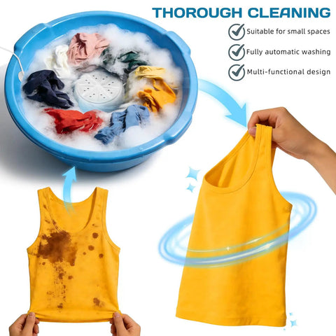 This Slick Mini Turbine Washing Machine Is Your New Usb Powered Portable Laundry Companion Built For Rv Trips And Delicate Loads Made From Rugged Plastic To Handle Everyday Grime And Get Things Done Fast Without Breaking A Sweat, showing washing tank with colorful clothes and a clean yellow shirt.