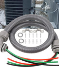 Half Inch Outdoor Power Whip Kit With Four Foot Liquid Tight Nonmetallic Flexible Conduit And Three Conductors Of Ten Gauge THHN Wire AC Disconnect Box Weatherproof Outdoor Electrical Hookup in front of HVAC unit
