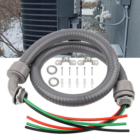 Half Inch Outdoor Power Whip Kit With Four Foot Liquid Tight Nonmetallic Flexible Conduit And Three Conductors Of Ten Gauge THHN Wire AC Disconnect Box Weatherproof Outdoor Electrical Hookup in front of HVAC unit