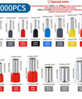 Ultimate Wire Ferrule Kit With 1000 Copper Crimp Terminals showing 14 sizes for electrical wiring AWG 22 to 3/0 gauge, insulated pins