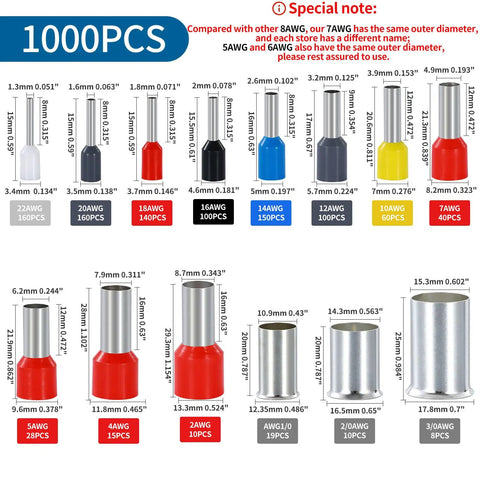 Ultimate Wire Ferrule Kit With 1000 Copper Crimp Terminals showing 14 sizes for electrical wiring AWG 22 to 3/0 gauge, insulated pins