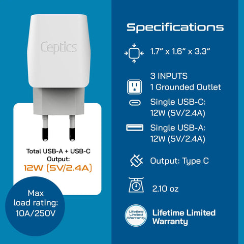Specifications of 3 In 1 European Travel Plug Adapter With USB A And USB C Compact Type C Converter For Phones Laptops Cameras