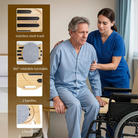 Sliding Transfer Board For Easy Wheelchair Transfers 31.5 By 12.6 Inch Wooden Board With Stainless Steel Track in use during transfer