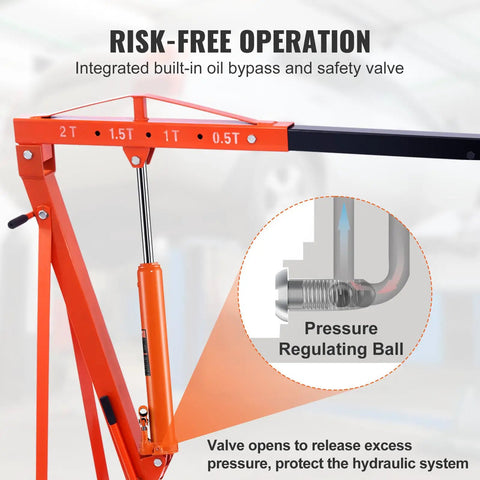 8 Ton Hydraulic Long Ram Jack For Engine Hoists And Cranes, safety valve close-up, ideal for garage, shop, farm use