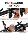 Installation method for Universal Motorcycle Cruise Control Assist Throttle Booster with steps on a black handlebar.
