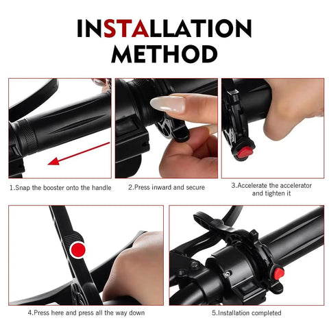 Installation method for Universal Motorcycle Cruise Control Assist Throttle Booster with steps on a black handlebar.