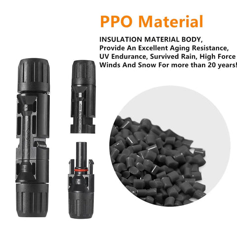 Close-up of solar connectors and PPO material from All In One Solar Crimping Tool Kit With 51 Pieces Includes 12 Pairs Of Solar Connectors 24 Connector Pins And 2 Spanners For Fast Reliable PV Cable Assembly And Installation.