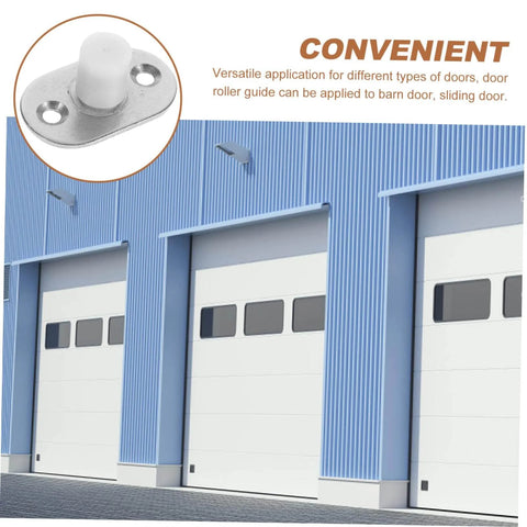 Sliding Door Floor Guide Roller And Barn Door Stopper For Smooth Easy Install Versatile Bottom Track Guide For Wood Doors And Sliding Barn Doors Quiet Durable Roller System Simple DIY Hardware Upgrade shown next to blue industrial building with large doors.