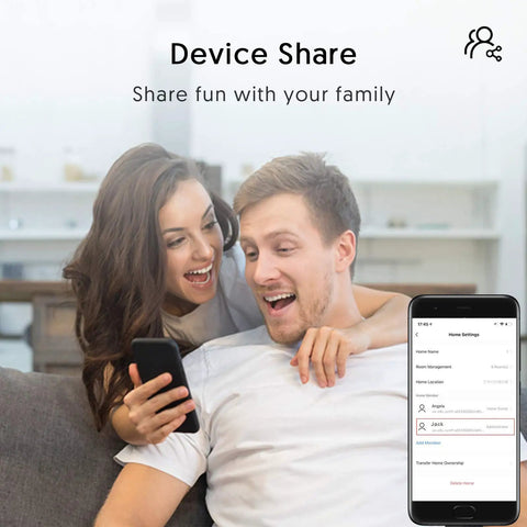 Couple using phone to control Smart 2 Gang WiFi Light Switch With Alexa Google Assistant and IFTTT, sharing device settings.