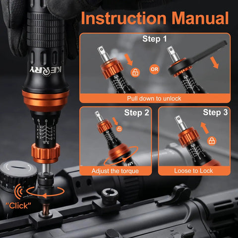 Heavy Duty Quarter Inch Drive Torque Screwdriver Set With 10 To 80 In Lb Range And 34 Bit Kit S2 Steel Standard Phillips Slotted Torx And Hex Bits Quick Change Adapter For Precise Maintenance Tasks. instruction manual showing torque adjustment steps