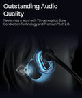 Close-up of Open Ear Bone Conduction Headset For Work Calls And Meetings Wireless Bluetooth Headphones on ear with sound graphic.