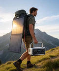 Man hiking with Road Ready Portable Solar Generator With 1056 Wh LiFePO4 Battery And 1600 W Ac Output Packs Serious Juice Via Foldable 100 Watt Panel.