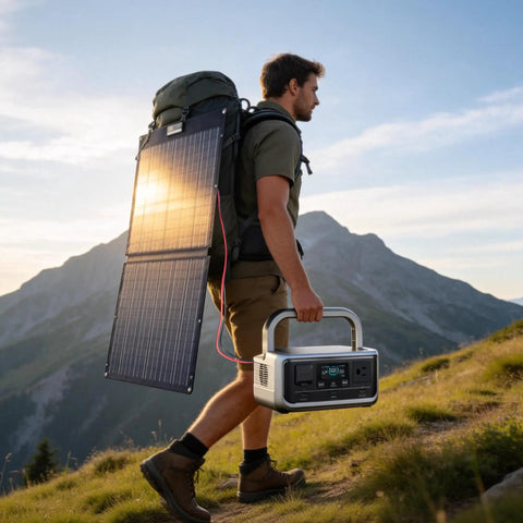 Man hiking with Road Ready Portable Solar Generator With 1056 Wh LiFePO4 Battery And 1600 W Ac Output Packs Serious Juice Via Foldable 100 Watt Panel.