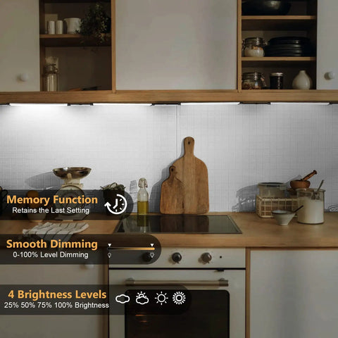 Smart Under Cabinet Lighting Kit With Dimmable LED Strip Lights 24V Plug In Linkable Bar Lights For Pantry Kitchen Shelves Bookcases And Display Showcases 6 Pack Cold White No Fuss Easy Install illuminating a modern kitchen countertop