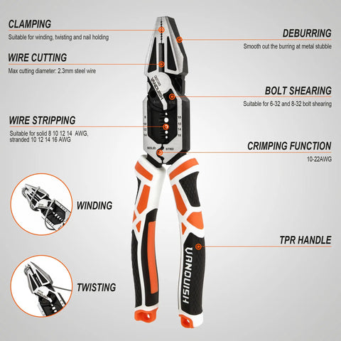 Heavy Duty 8 In 1 Linesman Pliers For Electrical DIY Projects Wire Cutter Crimper Stripper Twist Deburr Winding And More Go To Multipurpose CRV Steel Hand Tool diagram