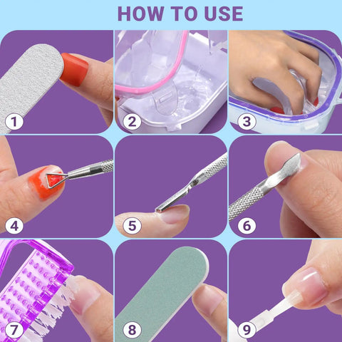 Step-by-step guide using All In One Pro Nail Polish Remover Kit With 2 Soak Off Bowls For Gel And Dip Removal Cuticle Oil Pusher