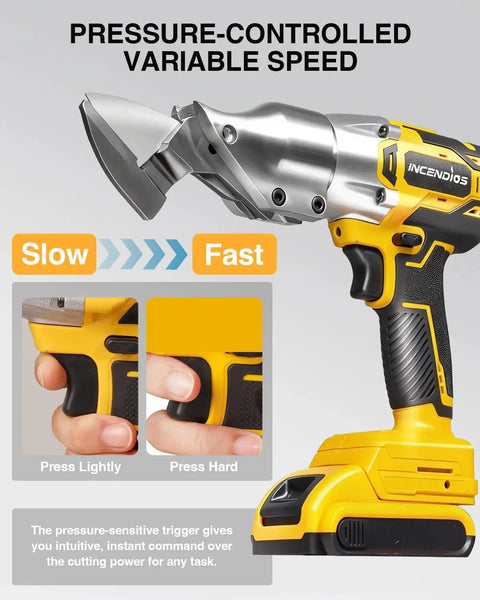 Get Cordless Freedom With This Awesome Metal Shear, Battery Powered By DeWalt 20V Max For Easy Cuts, tool showing variable speed control for precise cuts.