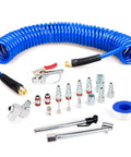 25 Foot Recoil Poly Air Hose Kit With 20 Piece Accessory Set, One Quarter Inch NPT Quick Connect Fittings, Blow Gun, Chucks