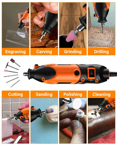 Professional Corded Rotary Tool Kit With Flex Shaft And Six Variable Speeds For Engraving Carving And Detail Work in use for engraving, carving, grinding, and polishing.
