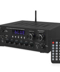 Home Karaoke Amp Receiver With Bluetooth Streaming And Two Hundred Watt Peak Power Dual Mic Inputs With Delay And Reverb Two Point Oh Channel Hi Fi Sound System USB A MP3 Player RCA And Aux, front view with remote