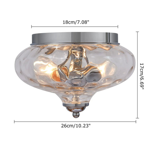 Modern Two Light Hammered Glass Flush Mount Ceiling Light In Chrome Finish, 10.2 Inch Diameter, lighted view.