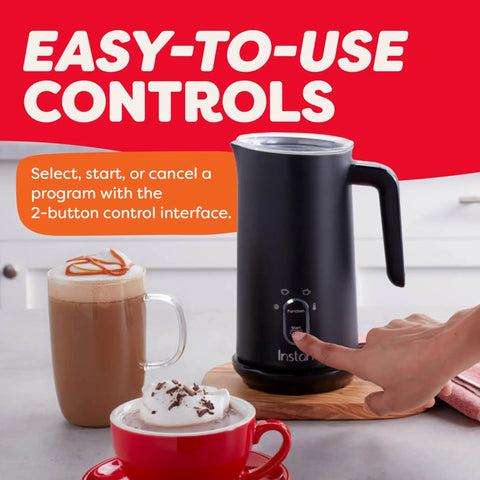 Black 4 In 1 Electric Milk Frother And Steamer With 10oz Capacity, auto cold foam and warm foam options, shown with easy-to-use controls.