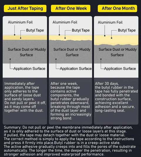 Diagram showing adhesion stages of Pro Grade Butyl Waterproof Tape 4 Inch By 16 Foot Aluminum Foil Sealant Tape on various surfaces.