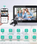 Smart Video Doorbell With 4.3 Inch Color Monitor And 1080p HD Wireless Camera, shown with smartphone app interface and features.