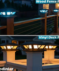 Solar Post Cap Lights For Outdoor Deck And Fence, Two Modes Warm White And Cool White, Black Finish on wood and vinyl posts at night.