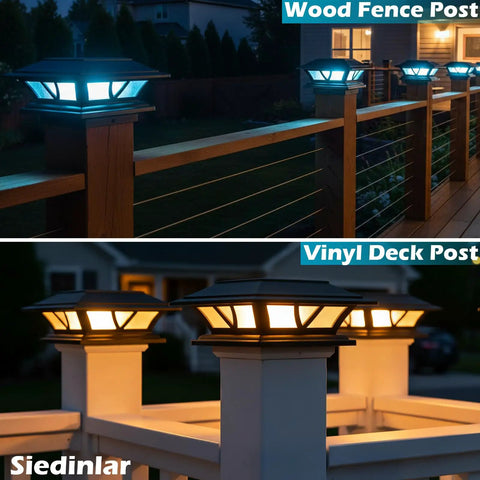Solar Post Cap Lights For 4x4 To 6x6 Posts, 2 Lighting Modes Warm White And Cool White, installed on wood and vinyl posts