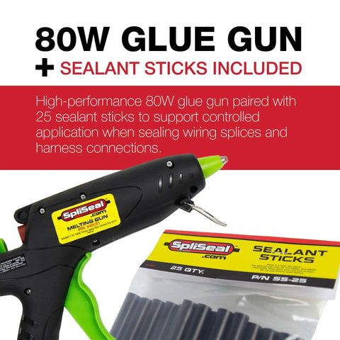 Pro Grade Wiring Splice And Sealing Kit With 80W Glue Gun Crimper And Sealant Sticks Wire Stripper For Automotive Marine Trailer ATV UTV Wire Repair Waterproof Connector System, showing glue gun and sealant sticks.