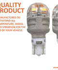 Ultra Bright 921 T 16W W16W ZEVO LED Interior Bulbs 6000K White For Map Dome Trunk Cargo And License Plate Pack Of 2 Replace In Pairs For Sharper Whiter Lighting That Pops, close-up view with durability text
