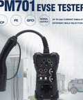 EVSE Charger Tester For Electric Vehicle Charging Stations Plug And Play Simulation Adapter, handheld design, diagnostic display.