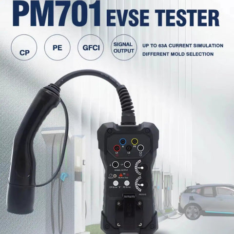 EVSE Charger Tester For Electric Vehicle Charging Stations Plug And Play Simulation Adapter, handheld design, diagnostic display.