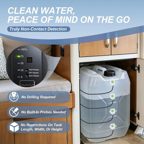 Water Level Monitor For RVs And Boats With Probeless Adhesive Sensors LED Indicator And Motion Sensing Light External Non Drill Tank Gauge For Plastic Tanks Up To 40 Gallons On 7 To 32V DC shown installed on external plastic tanks