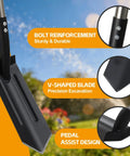 Go-To Heavy Duty Trench Shovel With A 4 Inch V Shape Blade Narrow Spade For Precision Digging Edging And Entrenching 60 Inch Adjustable Long Handle And Foot Pedal Professional Grade Garden And Landscaping Tool showcasing V-shaped blade, bolt reinforcement, and pedal assist design features.