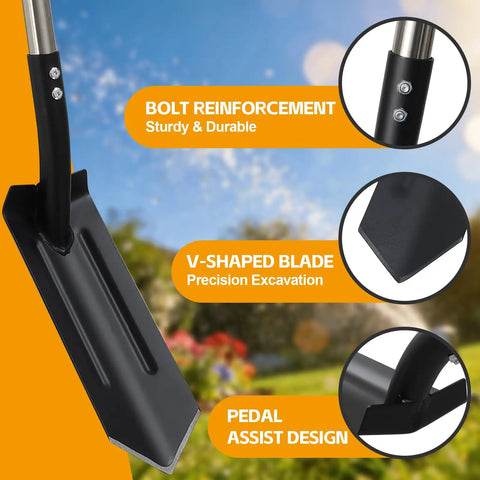 Go-To Heavy Duty Trench Shovel With A 4 Inch V Shape Blade Narrow Spade For Precision Digging Edging And Entrenching 60 Inch Adjustable Long Handle And Foot Pedal Professional Grade Garden And Landscaping Tool showcasing V-shaped blade, bolt reinforcement, and pedal assist design features.
