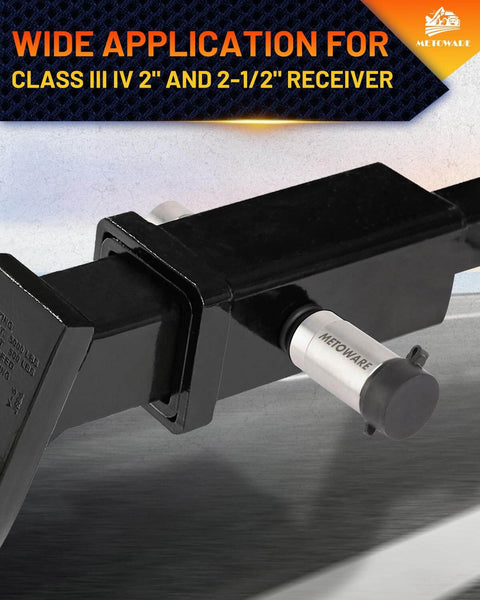 Stainless Steel Trailer Hitch Lock That Locks It Down For Class III And IV Hitches Five Eighths Inch Pin Fits Two Inch And Two Point Five Inch Receivers Heavy Duty Anti Theft Receiver Lock With Eight Anti Rattle O Rings And Waterproof Cap installed on a receiver.