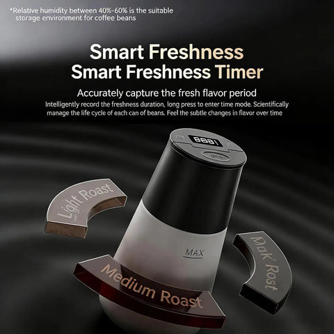 Smart Vacuum Coffee Bean Storage Container With Digital Temperature And Humidity Display Tracks Freshness with smart freshness timer