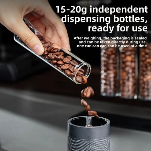 Glass Coffee Bean Storage Tubes Set Of Six With One Way Degassing Valve And Magnetic Stand And Single Dose Espresso Dosing Vials pouring beans